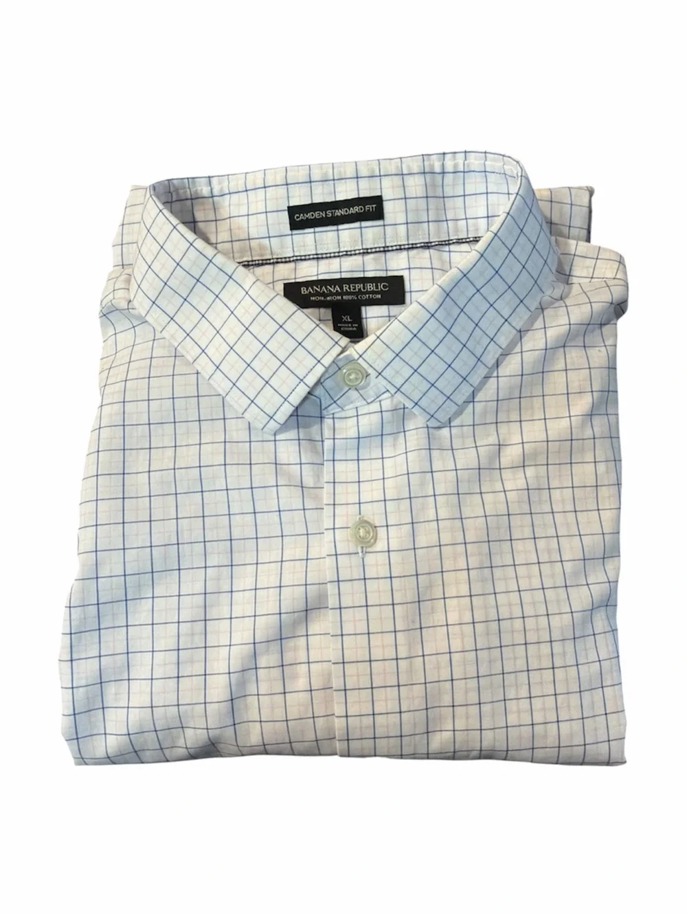 Banana Republic Camden Standard Fit Dress Shirt White Blue Windowpane XL